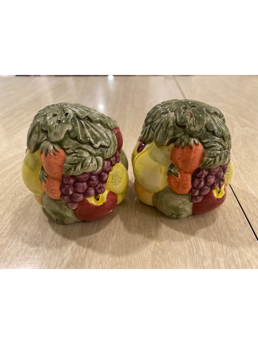 Vintage MCM Salt and Pepper Shakers Tuscan Mixed Fruit Kitsch Ceramic Whimsy